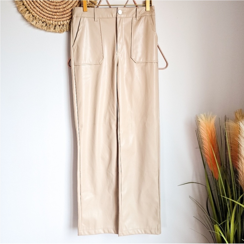 Kendall & Kylie, High Rise Straight Leg Tan Faux Leather Pants, Size large